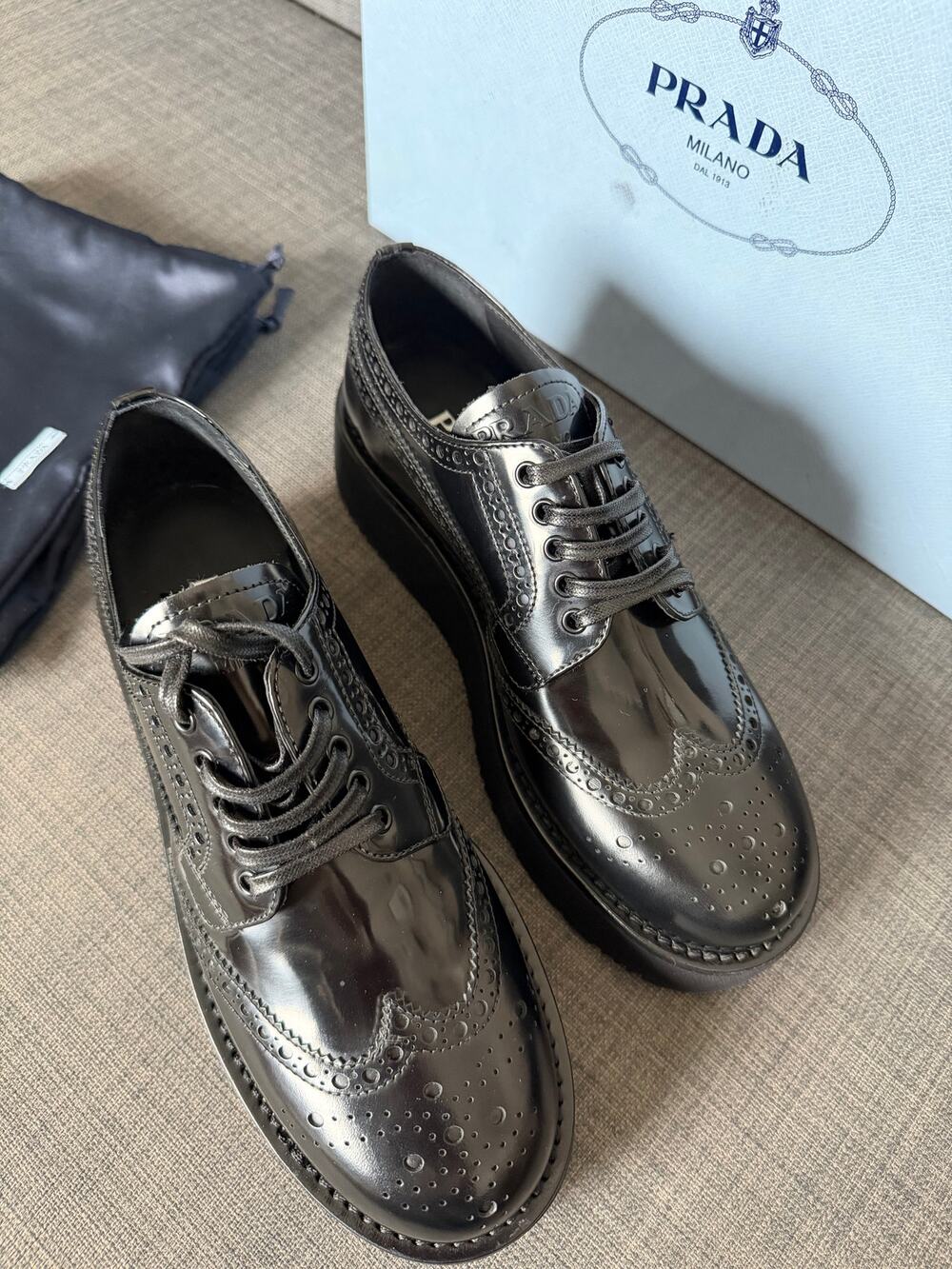 New Prada Leather Platform Brogue Derby Dress Shoes Sneakers Black Size 35.5